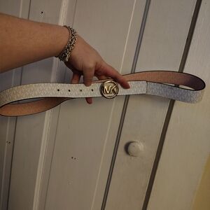 Michael Kors White Logo Reversible Belt with Gold MK Buckle